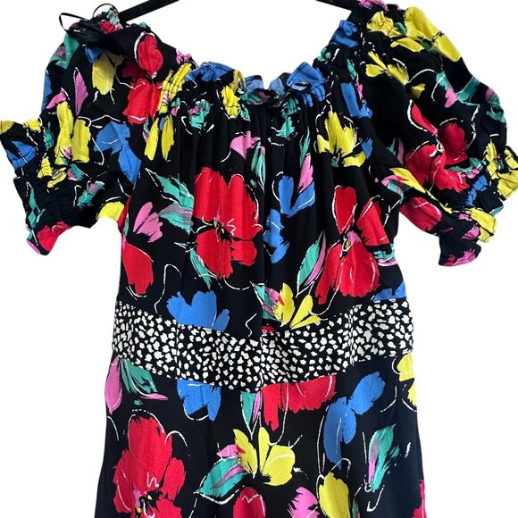 Rixo Black Colorful Floral Off-Shoulder Maxi Dress Ruffle Puff Sleeve Size 6 NWT - Picture 5 of 14